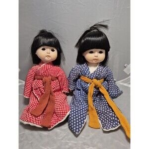 2 VINTAGE  SEKIGUCHI  JAPAN CLOTH VINYL DOLL W KIMONO ROBE 11"